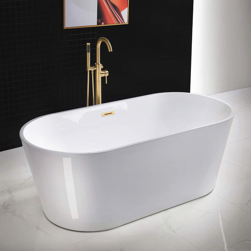 WOODBRIDGE 67' Acrylic Freestanding Bathtub Contemporary Soaking White Tub with Brushed Gold Overflow and Drain，B0013 -BG-Drain &O