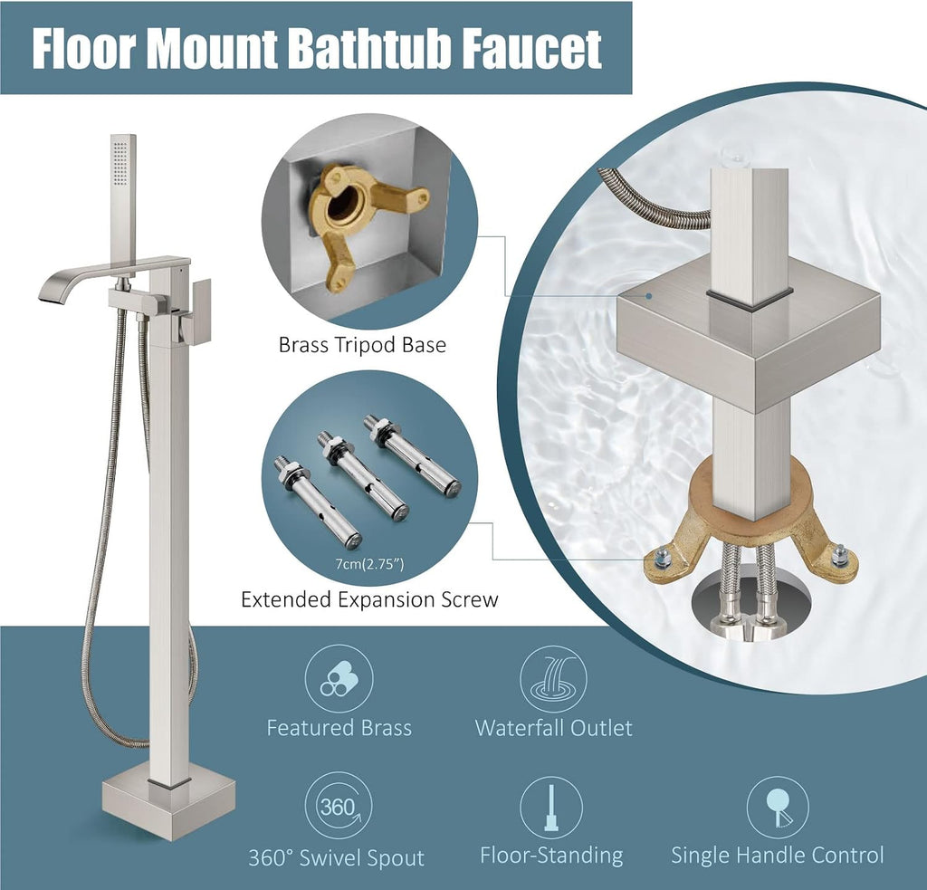 Aolemi Freestanding Bathtub Faucet Floor Mount Tub Filler with Handheld Spray Single Handle Free Standing Bathroom Faucets Swivel Curved Waterfall Spout Brushed Nickel