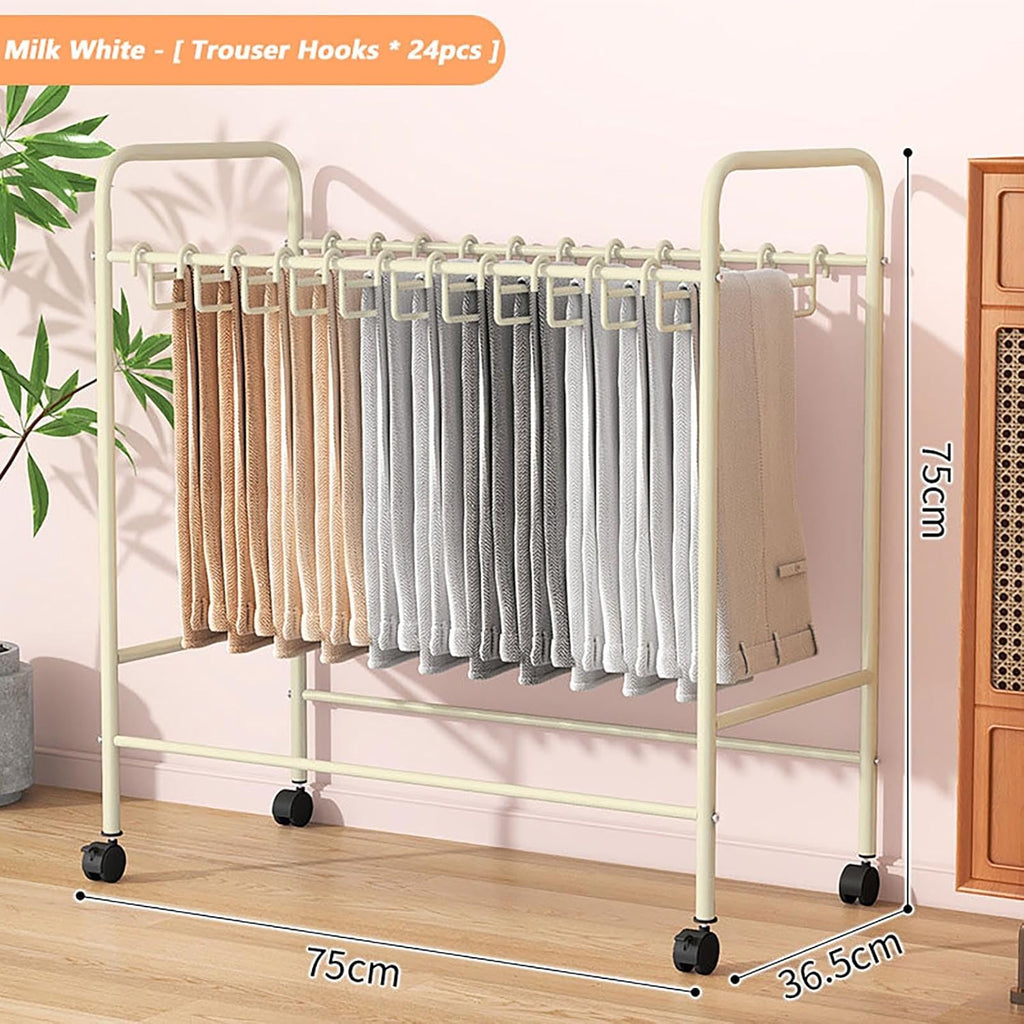Space-Saving Metal Garment Rack with Wheels - Floor Standing Pants Hangers & Closet Shelf for Easy Storage and Organization - Ideal for Trousers, Clothes, and Accessories