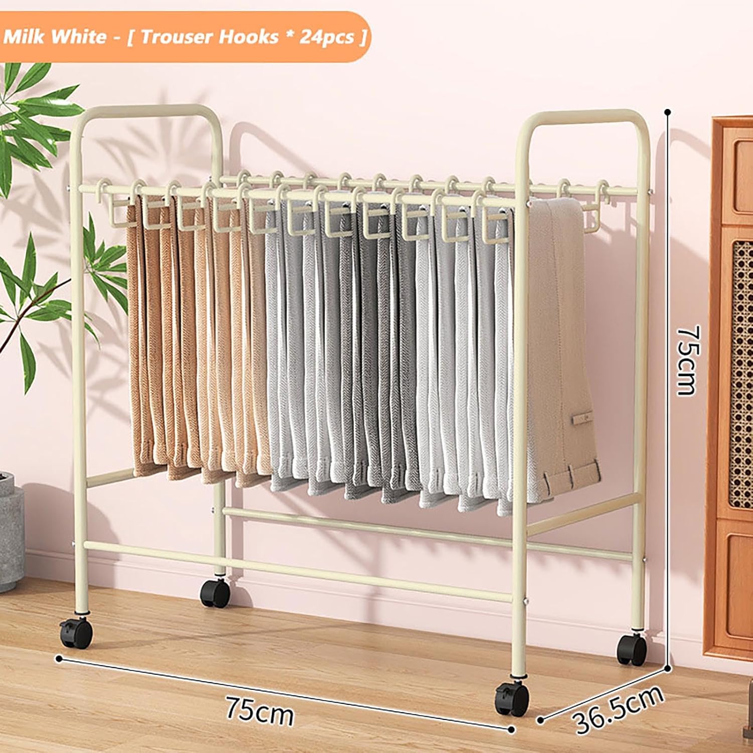 Space-Saving Metal Garment Rack with Wheels - Floor Standing Pants Hangers & Closet Shelf for Easy Storage and Organization - Ideal for Trousers, Clothes, and Accessories