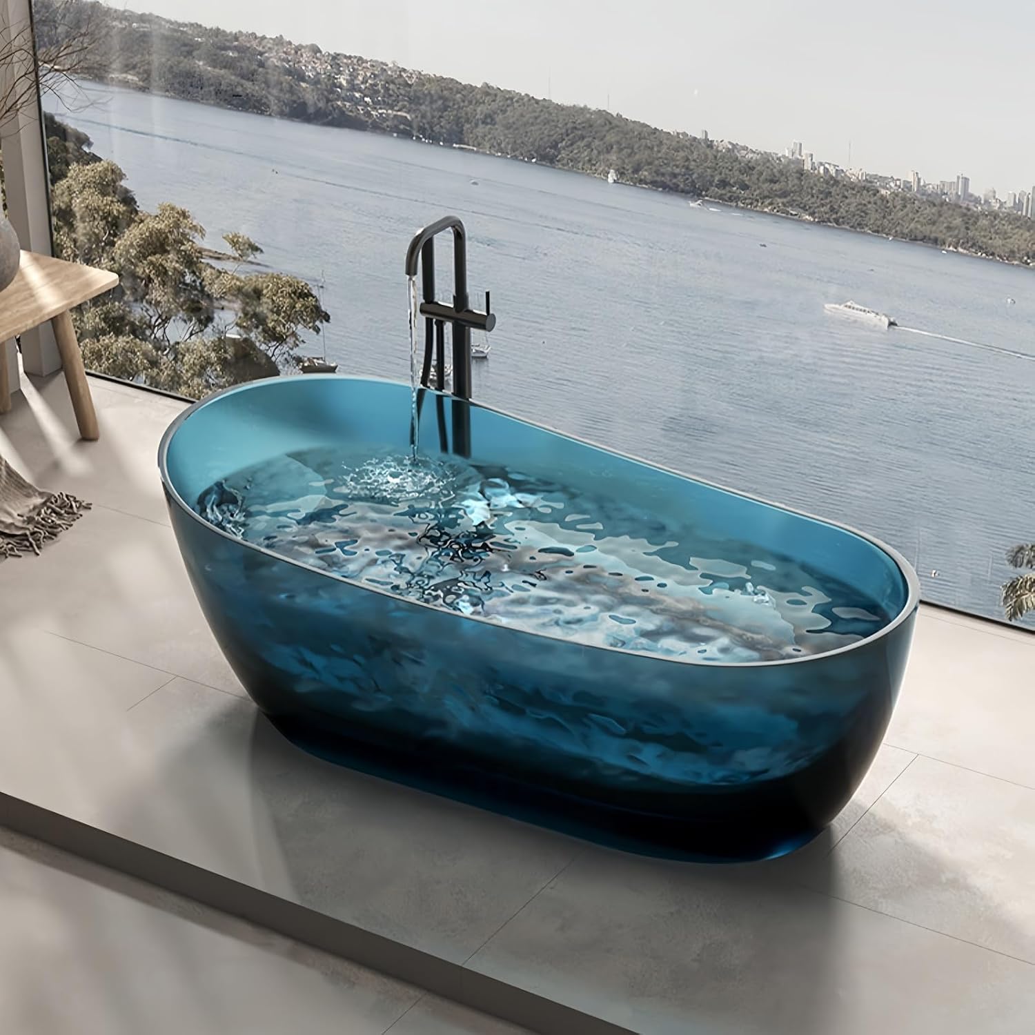 52' Edeyeu Freestanding Bathtub - Modern Minimalist Soaker Tub with Natural Resin Construction, Durable Stand Alone Tub for Luxurious Soaking Experience, with Drain Blue