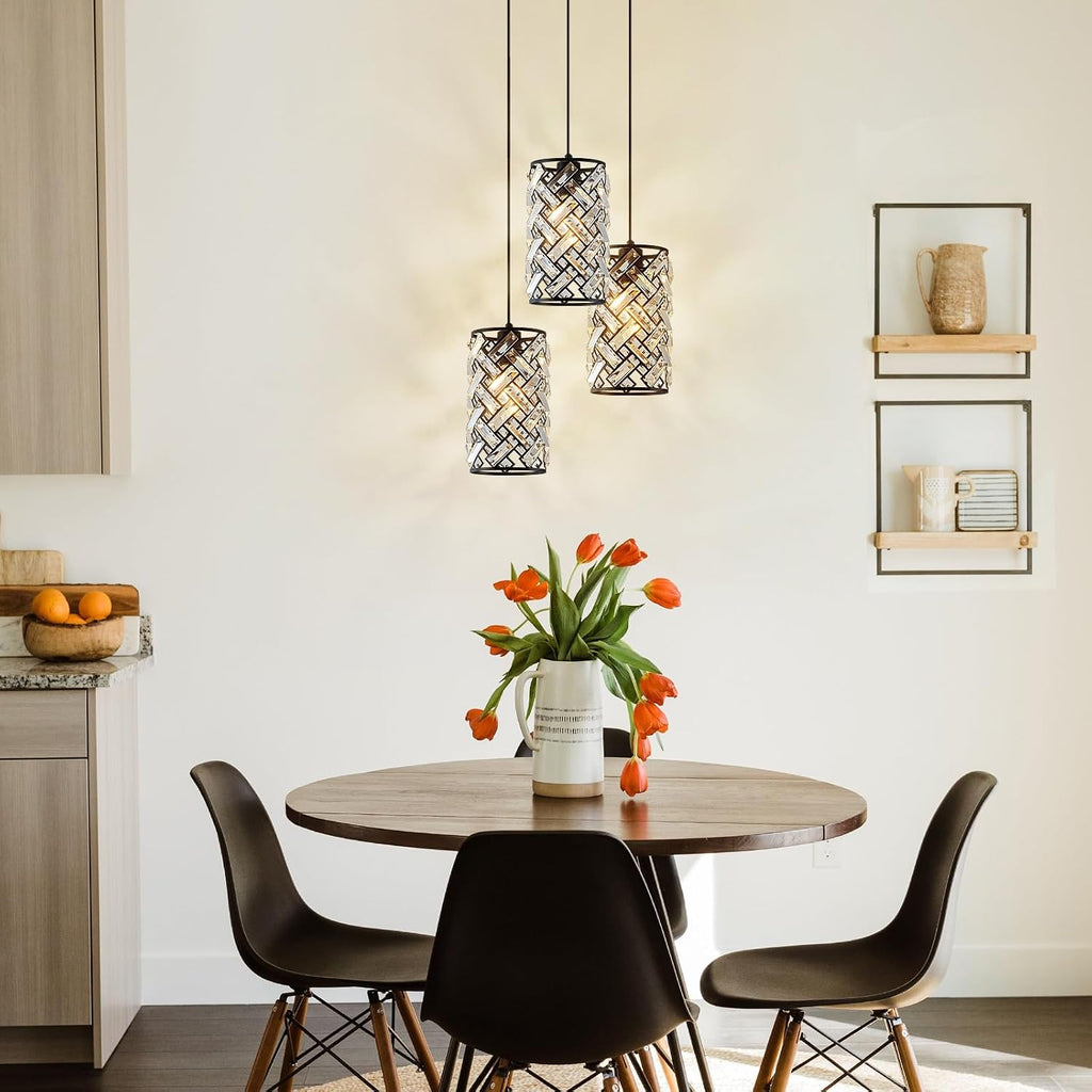 CATINER Modern Black Crystal Pendant Light Fixture, Mini Chandelier 3-Pack for Kitchen Island, Dining Room, Living Room, Hallway, Porch, Bedroom Lighting