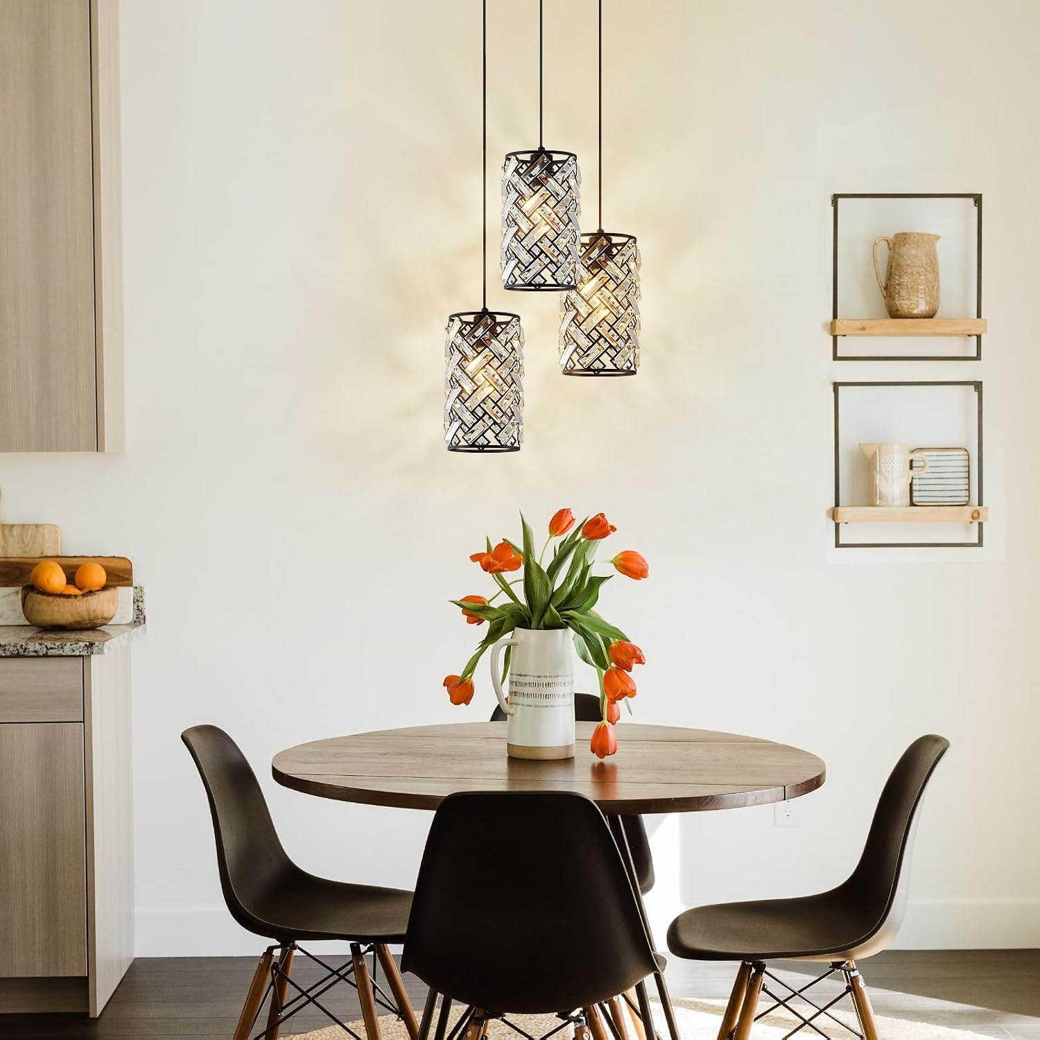 CATINER Modern Black Crystal Pendant Light Fixture, Mini Chandelier 3-Pack for Kitchen Island, Dining Room, Living Room, Hallway, Porch, Bedroom Lighting