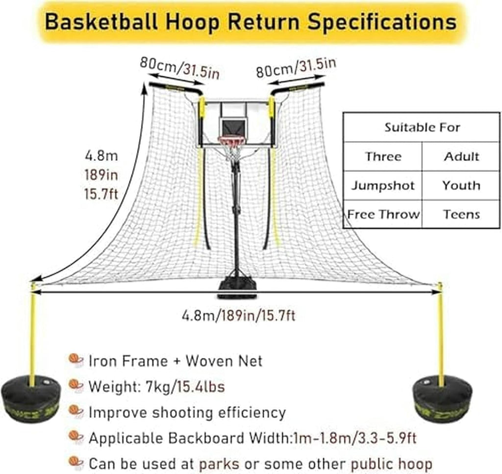 Basketball Return System with Adjustable Height & Angle - Portable Hoop Mounted Net Catcher, Ideal for Practicing Shots from Different Positions