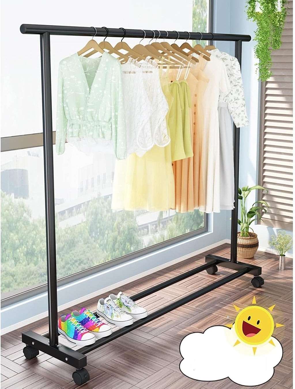 Heavy Duty Black Metal Clothing Rack with Wheels, Freestanding Garment Rail & Lower Shoe Storage Shelf 120x35x140cm