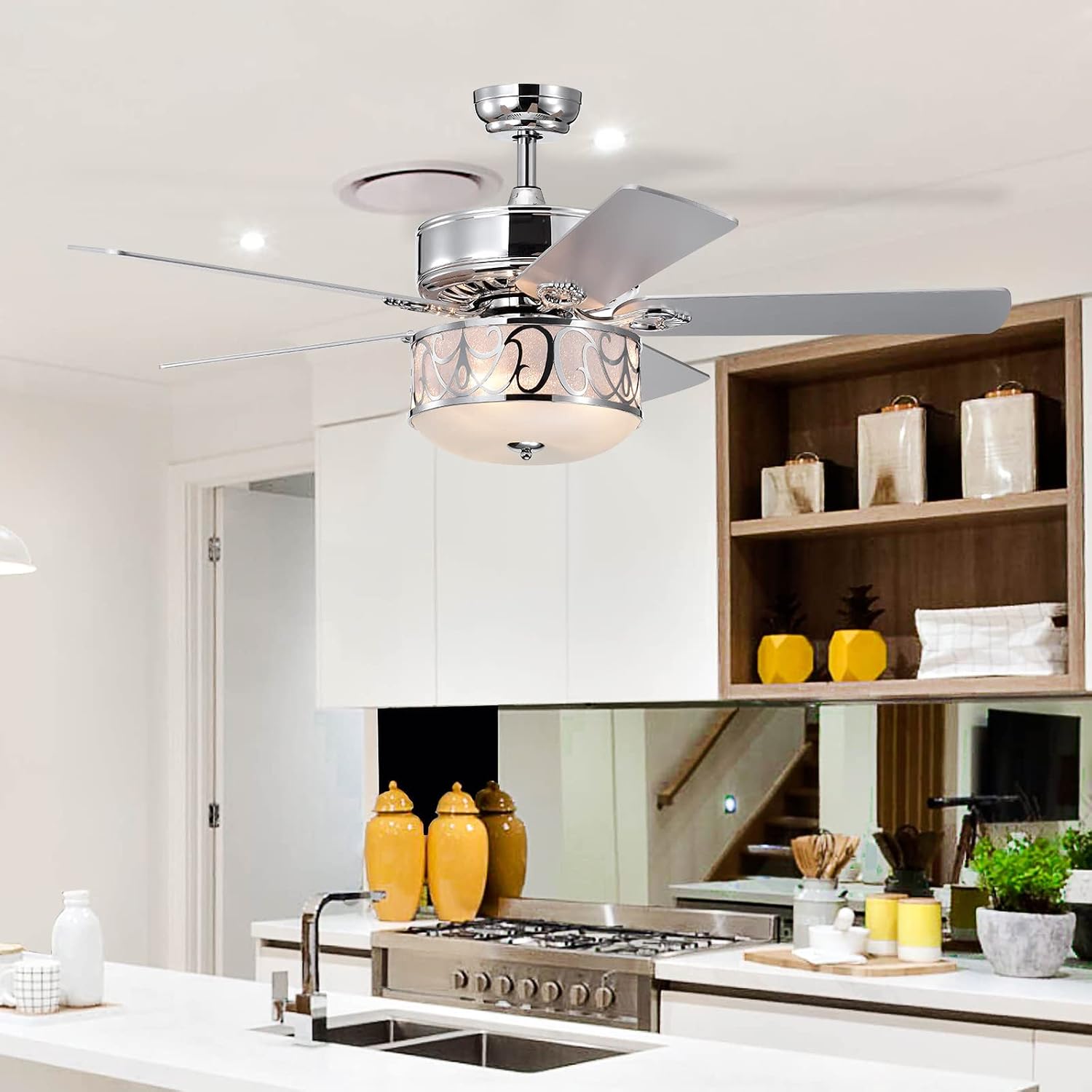 Tangkula 52?Ceiling Fan w/Lights & Remote Control, Lighting Fan w/5 Reversible Blades, 3 Wind Speed, Timer Function, Fan Lamp Suitable for Living Room, Bedroom (Silver)