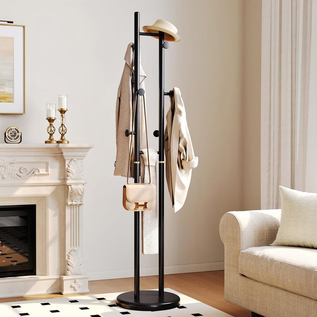 CozyDH Coat Rack Wooden Freestanding - Wood Coat Rack Freestanding Heavy Duty, Wooden Coat Stand with 6 Hooks Creative Look for Entryway, Hallway, Bedroom (Black)