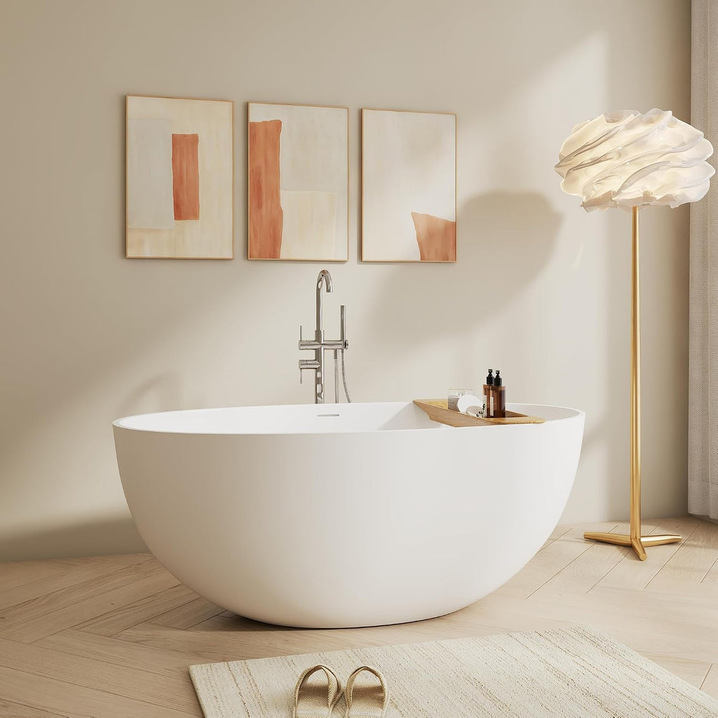 Oval 55' Freestanding Bathtub, Stone Resin Matte White | Solid Surface Stand Alone Bathtub, Modern Soaking Tub with Overflow and Pop-up Drain, cUPC Certified