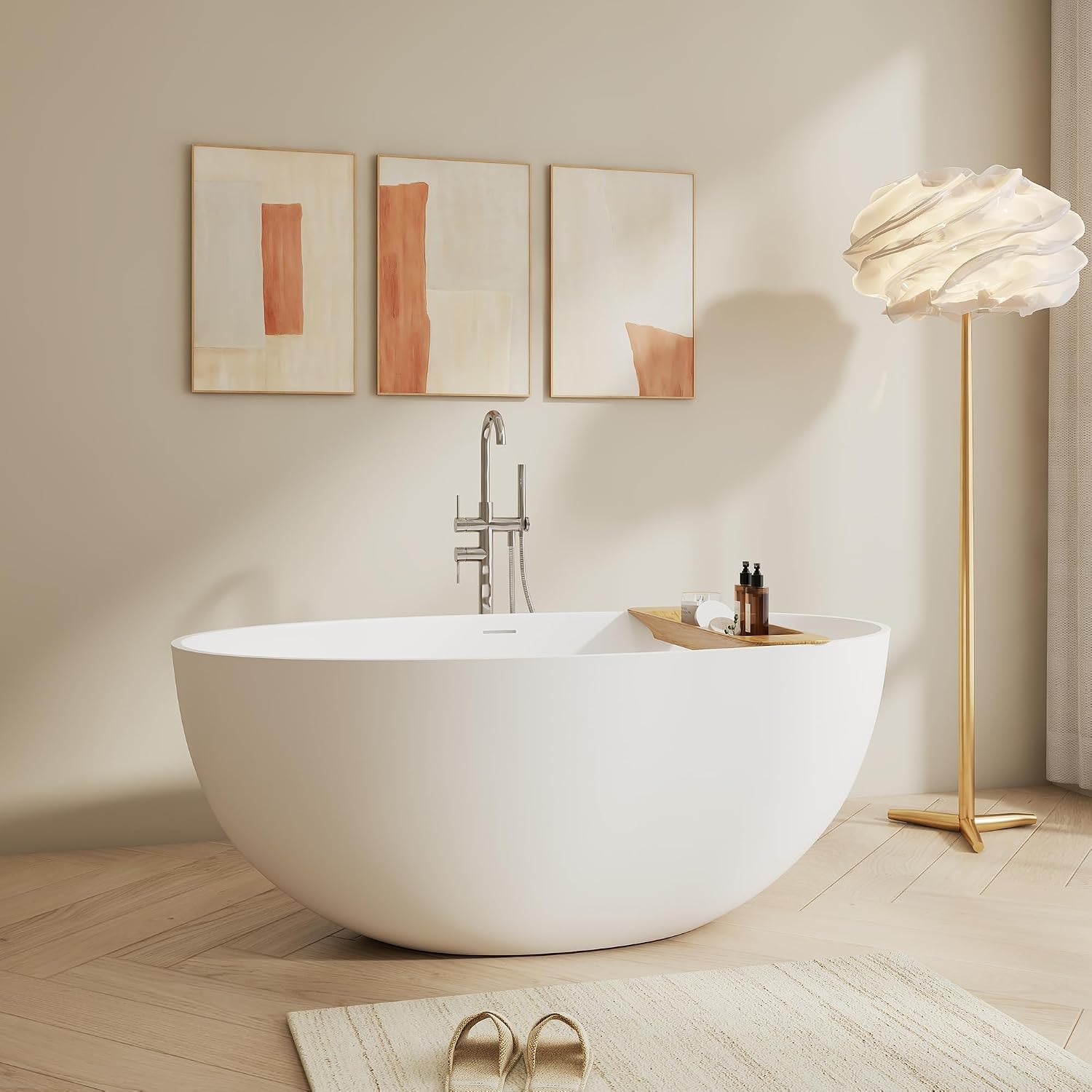 Oval 55' Freestanding Bathtub, Stone Resin Matte White | Solid Surface Stand Alone Bathtub, Modern Soaking Tub with Overflow and Pop-up Drain, cUPC Certified