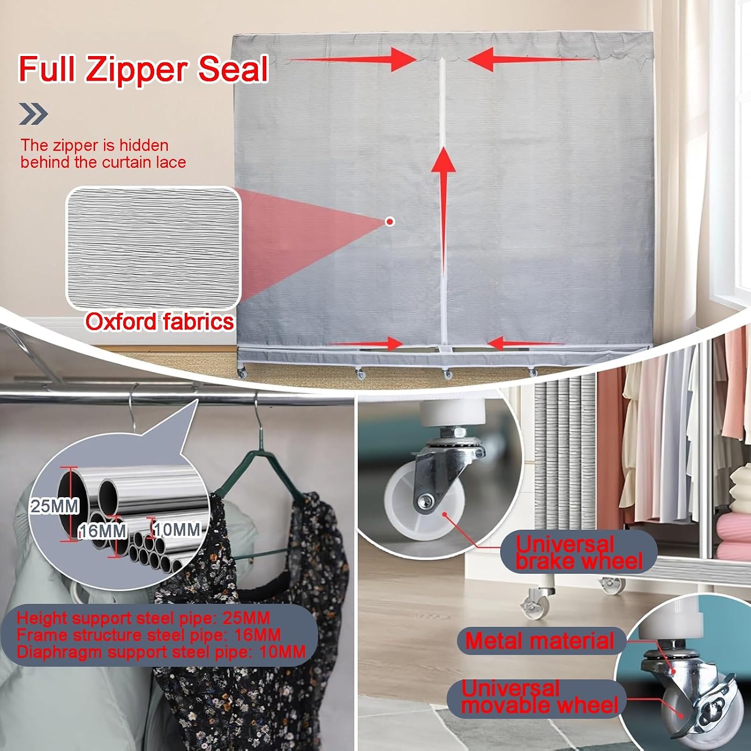 Heavy-duty Foldable Wardrobe Closet, Portable Clothing Organizer Storage Rack, Clothe Rack with Wheel W/cover