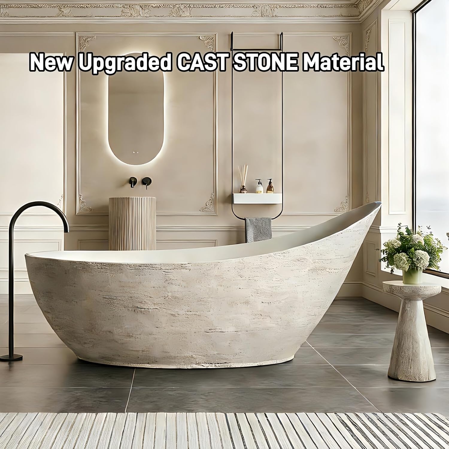75' Edeyeu Freestanding Bathtub - Luxury Stone Texture Solid Surface Bathtub Soaking Tub With Extra Deep Ergonomic High Back Design, Modern Designer Free Standing Tub, Style C