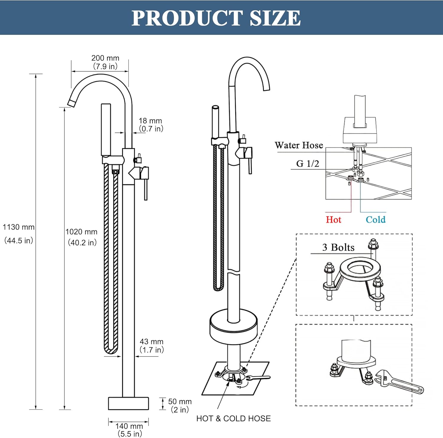 Free Standing Tub Faucet, Floor Mount Freestanding Tub Faucets, Brass Stand Alone Tub Filler, High Flow Bathtub Shower Mixer Tap (Brushed Gold)