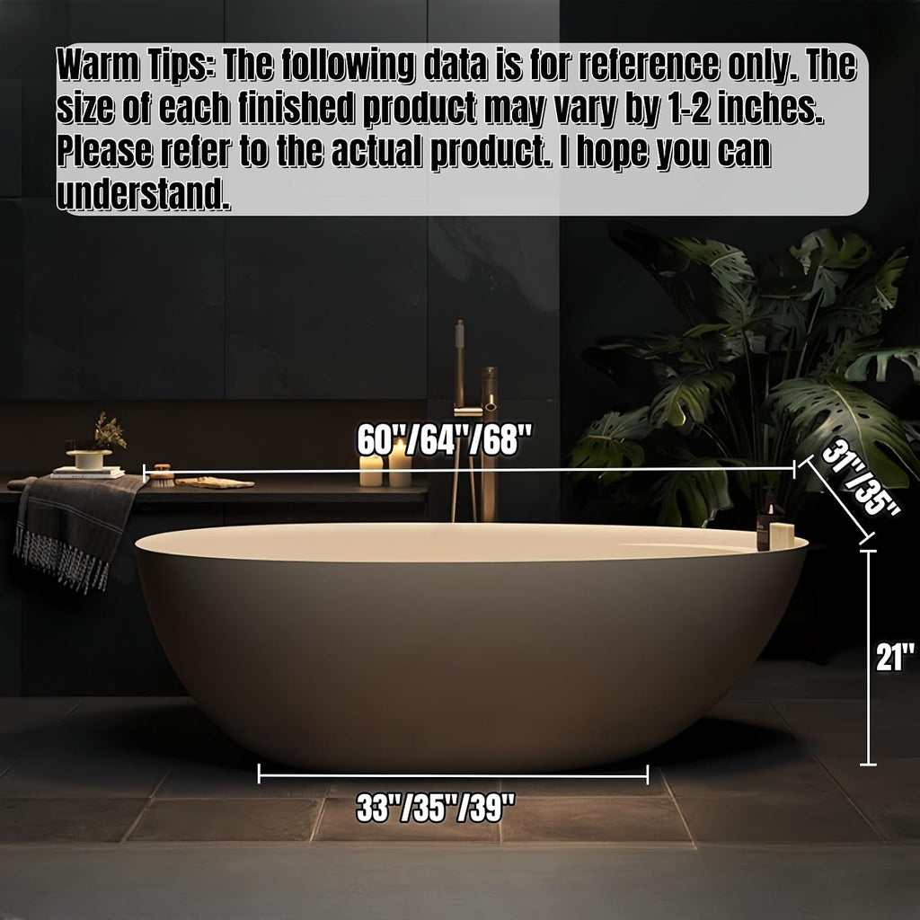 Freestanding Bathtub - Oval Solid Surface Bathtub, Ergonomic Soaker Tub, Modern Extra Deep Stand Alone Tub, with Drain, Suitable for Apartments, Villas, Hotels (Gray, 60')