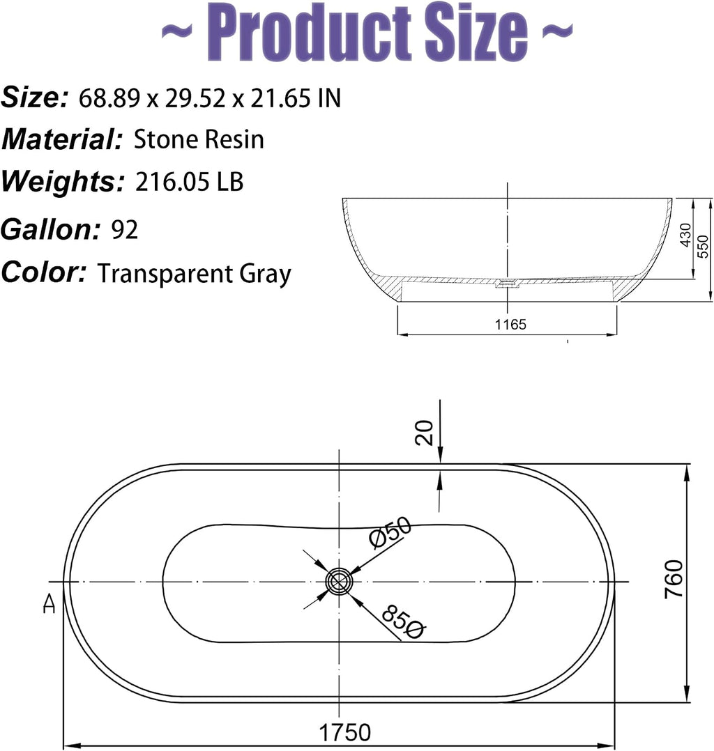 69' Freestanding Solid Surface Resin Stone Bathtub, Modern Design Stand Alone Tub with Drain, Transparent Gray 307TG1750