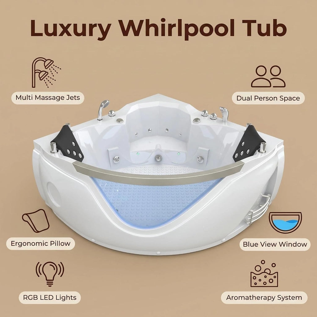 59' Corner Whirlpool Bathtub with 20 Multi-Directional Jets, 110-Gallon Capacity & LED Chromotherapy Ambient Lighting for Spa-Like Relaxation
