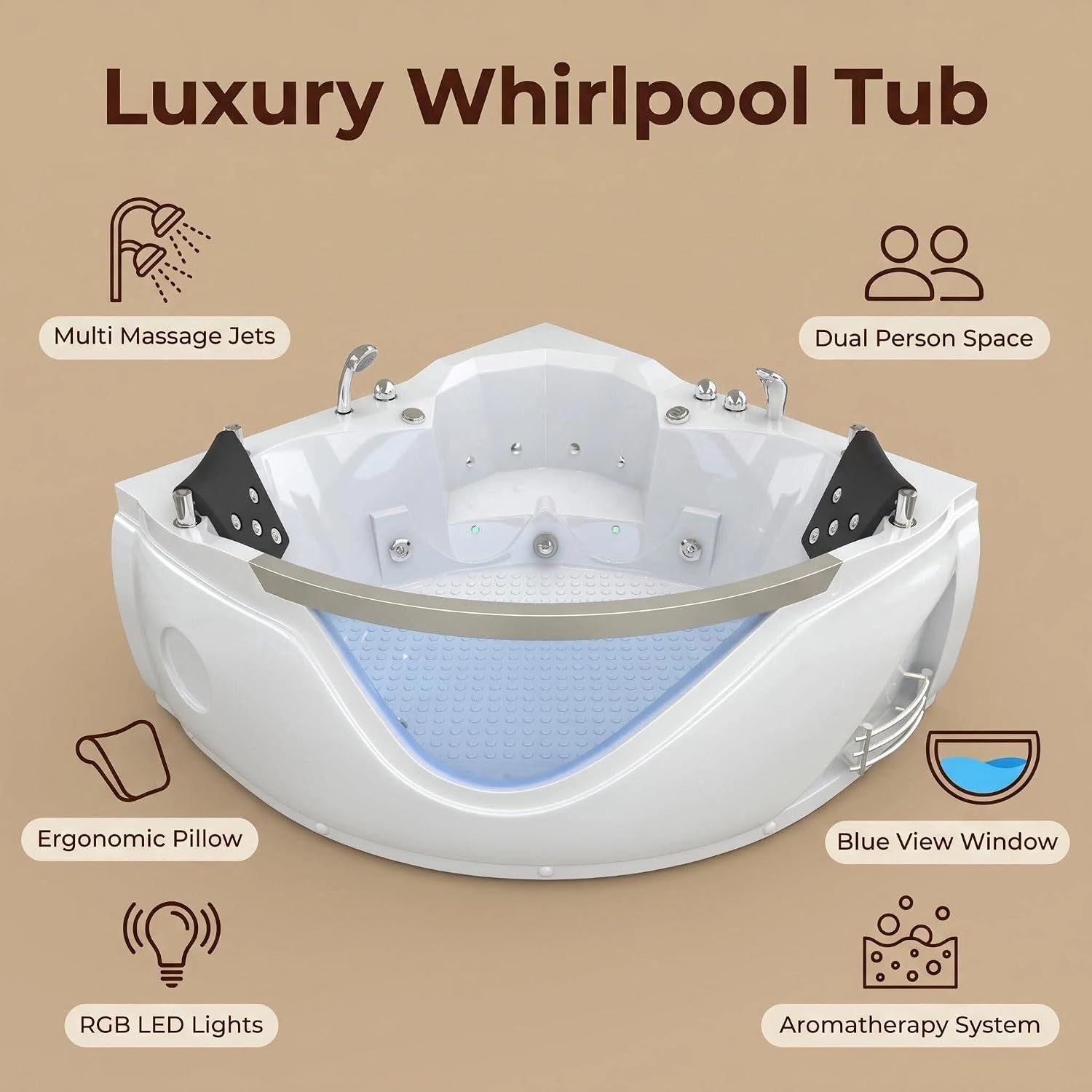 59' Corner Whirlpool Bathtub with 20 Multi-Directional Jets, 110-Gallon Capacity & LED Chromotherapy Ambient Lighting for Spa-Like Relaxation