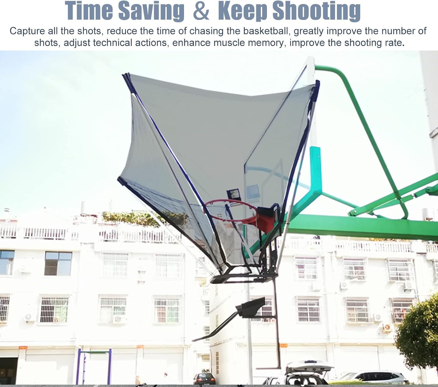 Basketball Shot Returner Hanging Basketball Return Net Rebounder, Metal Basketball Shooting Trainer Equipment with Storage Bag, Rotatable Portable Ball Return System
