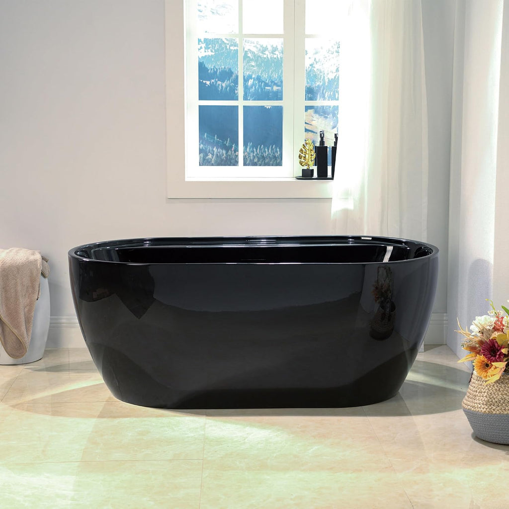 WOODBRIDGE 59' L x 31-1/2' W Freestanding Contemporary Acrylic Soaking Bathtub in Glossy Black Inside and Outside with Matte Black Drain & Overflow,B8864-MB