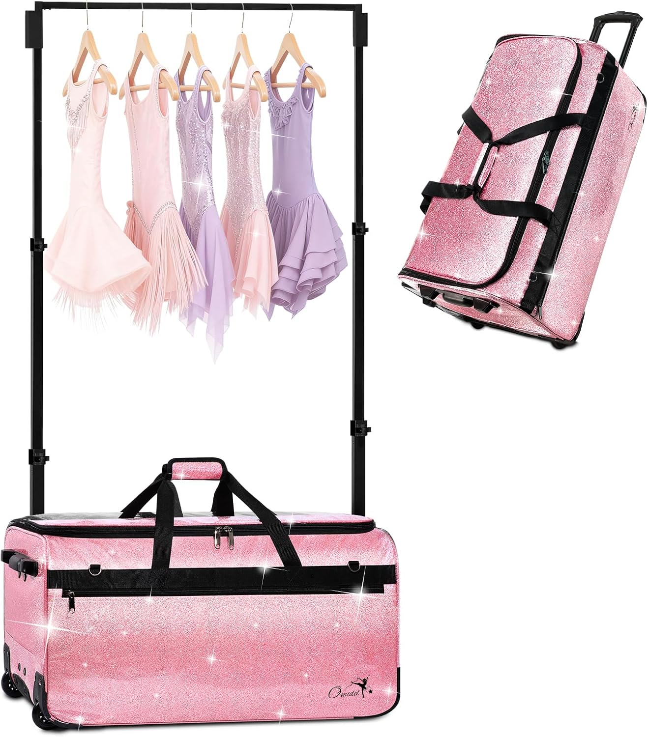 Dance Bag with Garment Rack and Curtain | 23' Sparkling Dance Competition Duffle Bag with Rack & Wheels | Upgraded Stable System | Ideal Rolling Dance Suitcase for Dancer Cheerleader Gymnast Traveler