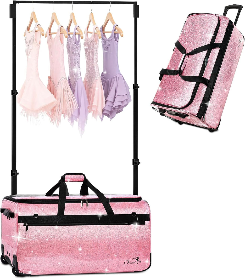 Dance Bag with Garment Rack and Curtain | 28' Sparkling Dance Competition Duffle Bag with Rack & Wheels | Upgraded Stable System | Ideal Rolling Dance Suitcase for Dancer Cheerleader Gymnast Traveler