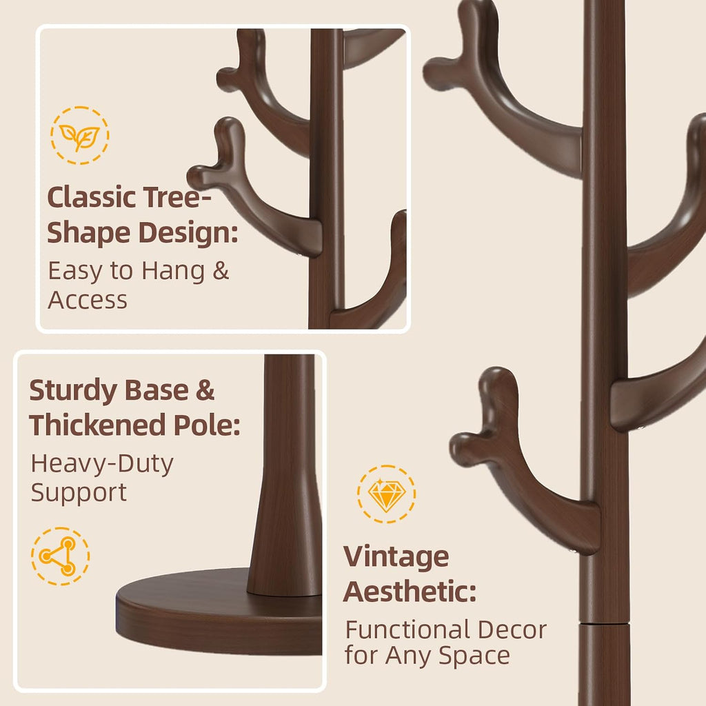 CozyDH Premium Solid Wood Freestanding Coat Rack, 4 Hooks Creative Tree Branch Look, Sturdy Standing Coat Tree for Entryway Bedroom Hallway Home Decor