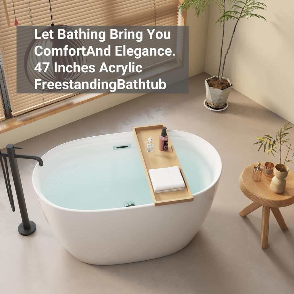 Freestanding Bathtub 47'' Acrylic Bathtub-Acrylic Soaking Tubs, White Bathtub, Oval Shape Freestanding Bathtub With Chrome Overflow and Pop-Up Drain CUPC Certificate