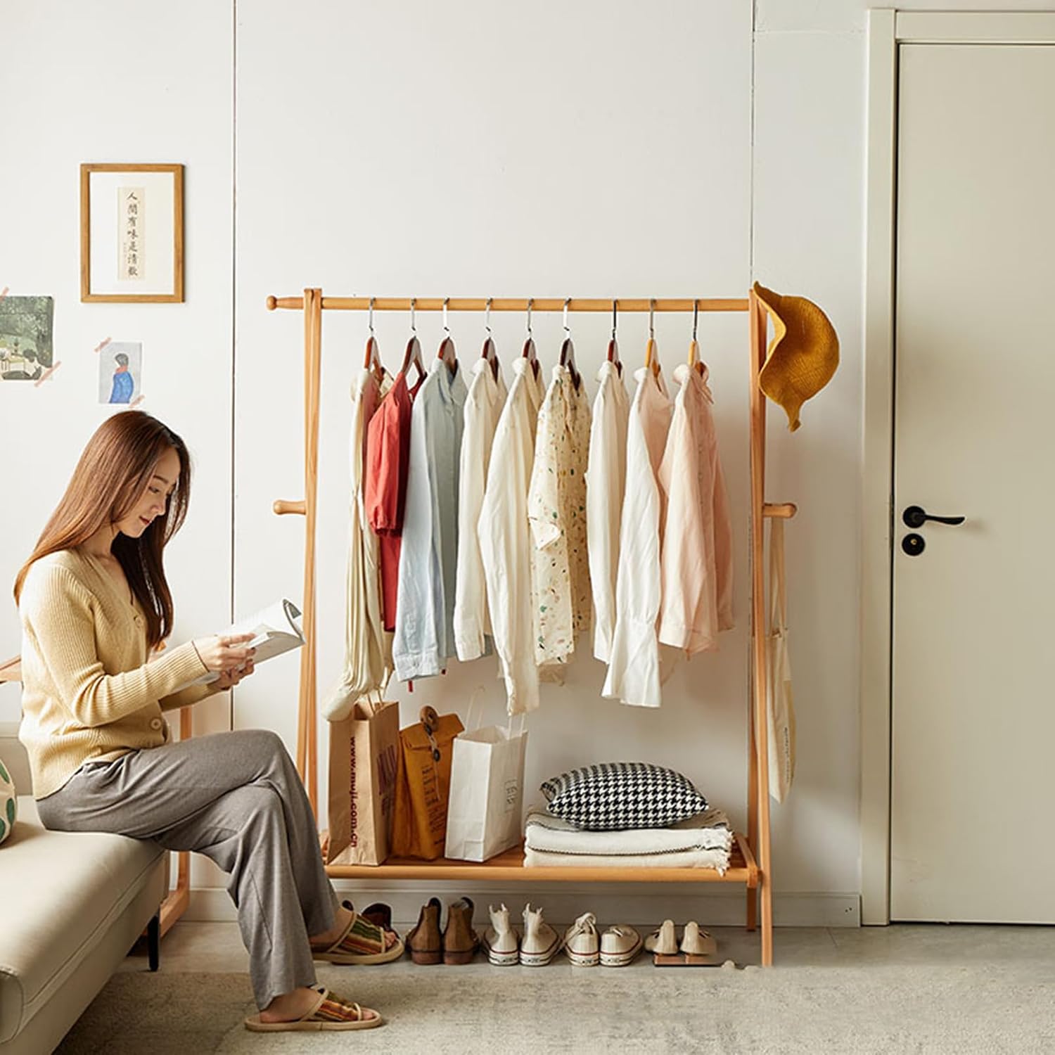 Bamboo Garment Rack Bamboo Small Clothes Rack,Bamboo Wood Garment Rack with Shelves, Narrow,Short Mini Cloth Racks for Hanging Clothes,Simple,Free Standing
