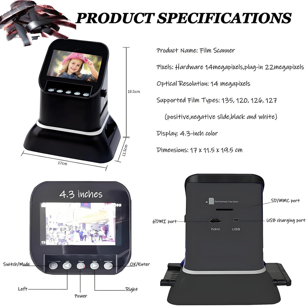 High Resolution 120 Film Scanner 22 Mega Pixels Slide Negative Photo Scanner Digital 35mm 135 126KPK Film Converter 4.3' LCD
