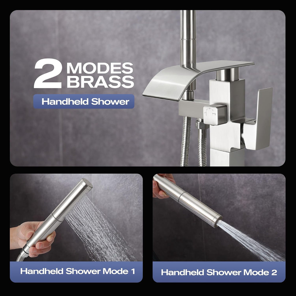 Waterfall Freestanding Bathtub Faucet, Floor Mount Bathroom Tub Filler Bath Shower Faucets with Handheld Sprayer, Brushed Nickel