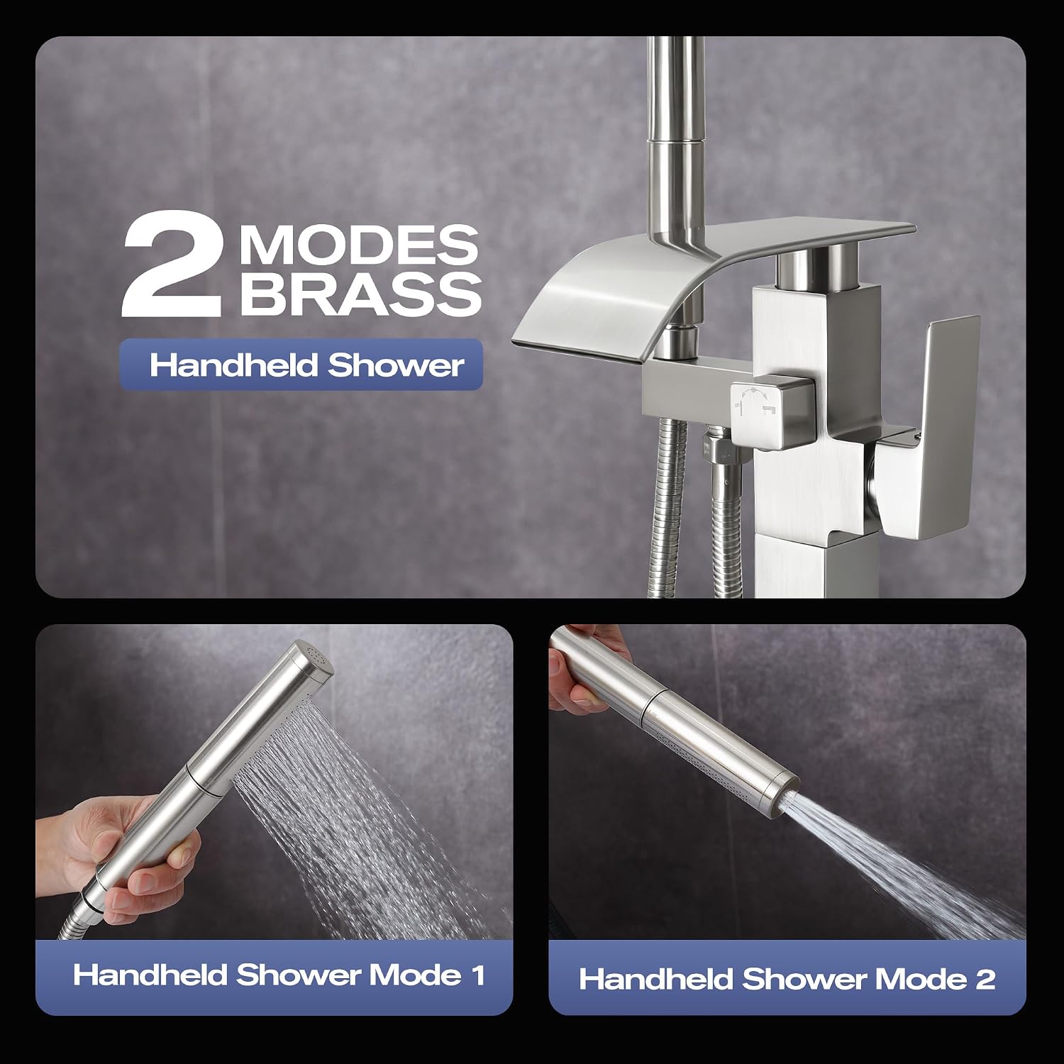 Waterfall Freestanding Bathtub Faucet, Floor Mount Bathroom Tub Filler Bath Shower Faucets with Handheld Sprayer, Brushed Nickel