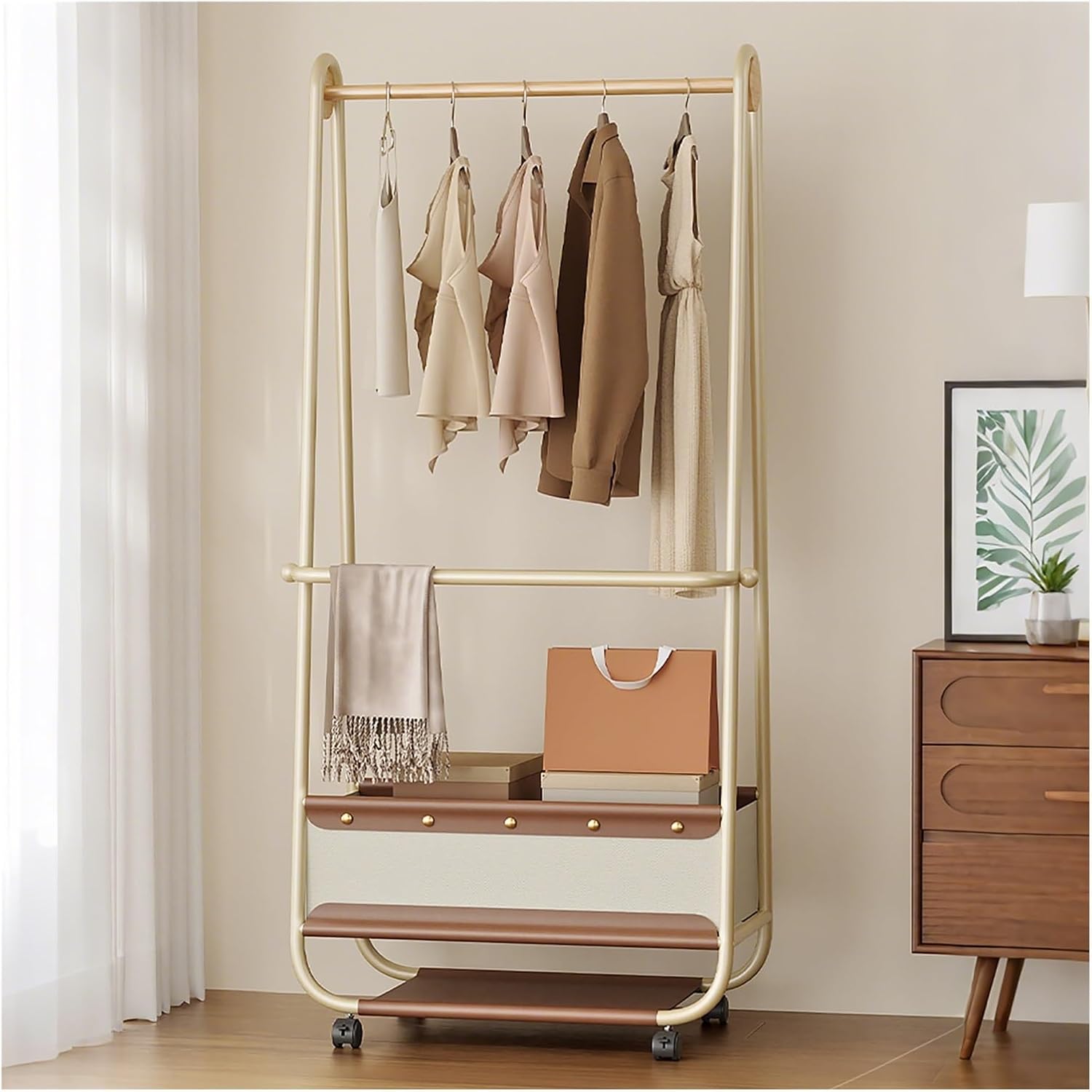 Double Rods Clothes Rack With Wheels, Heavy Duty Garment Rack, Metal Freestanding Clothing Organizer, Wardrobe Racks For Bedroom Living Room Laundry Balcony(60cm/23.6in)