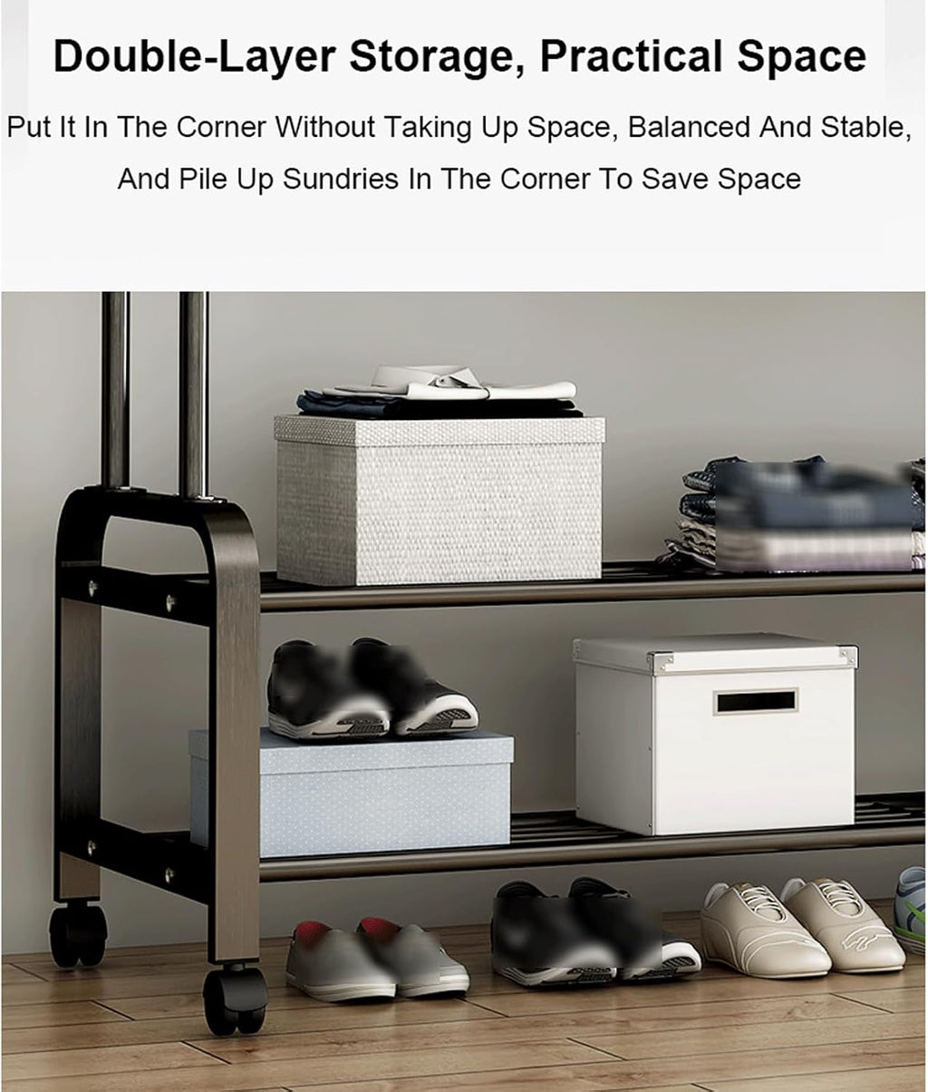 Heavy Duty Clothes Rail Rolling Garment Rack on Wheels Freestanding Metal Clothing Rack w/3-Tier Side Shelves & 2-Tier Shoe Rack for Bedroom Shop