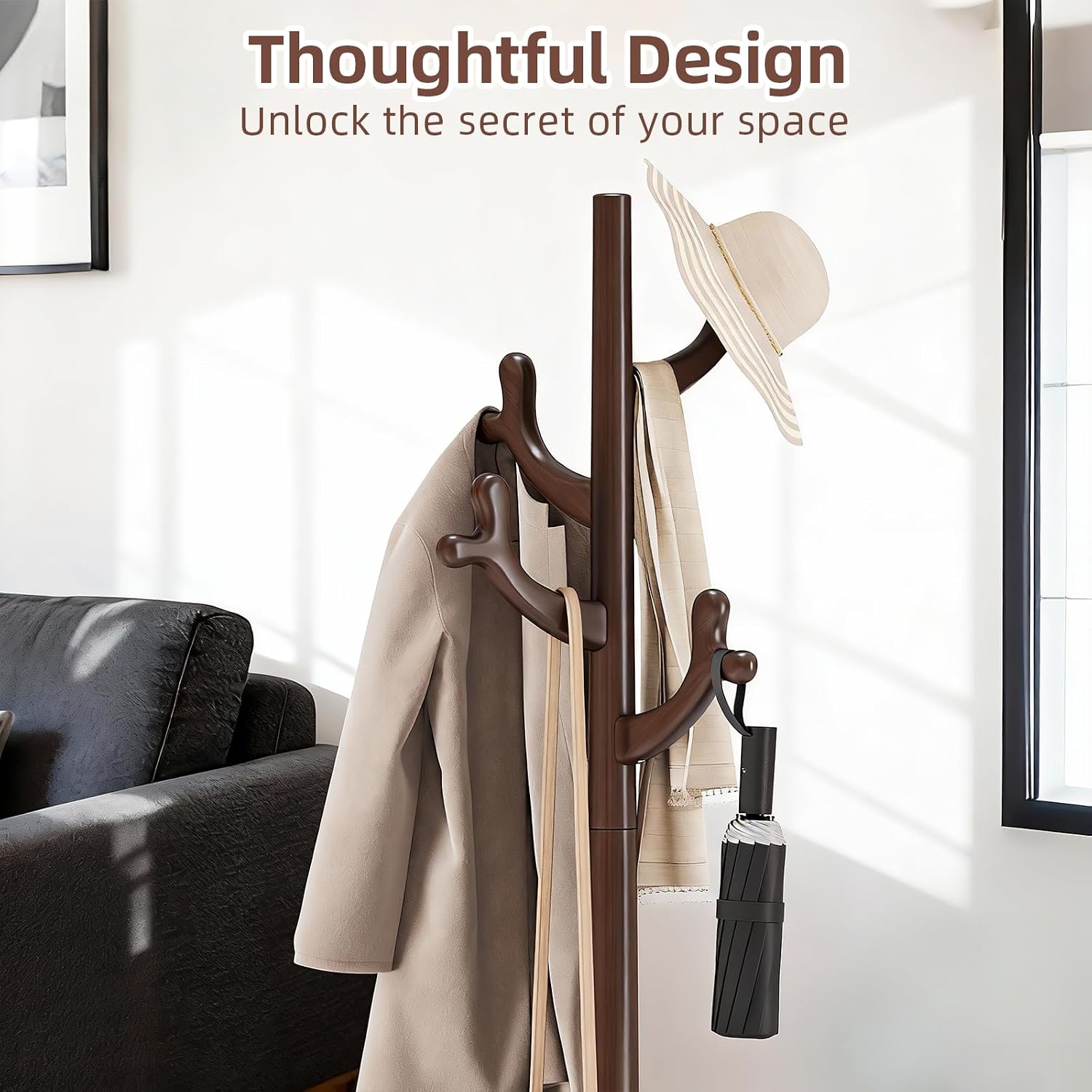 CozyDH Premium Solid Wood Freestanding Coat Rack, 4 Hooks Creative Tree Branch Look, Sturdy Standing Coat Tree for Entryway Bedroom Hallway Home Decor