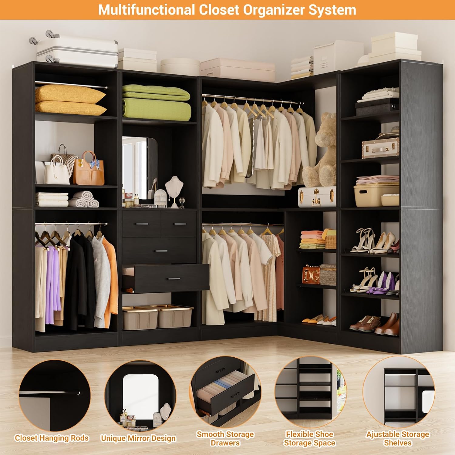 Unikito 110' Closet System with Drawers, Corner Closet Organizer with 4 Hanging Rods and Mirror Design, 9.3FT Reversible Large Wood L Shaped Walk in Closets Wardrobe with Shoe Shelves, Set of 4, Black