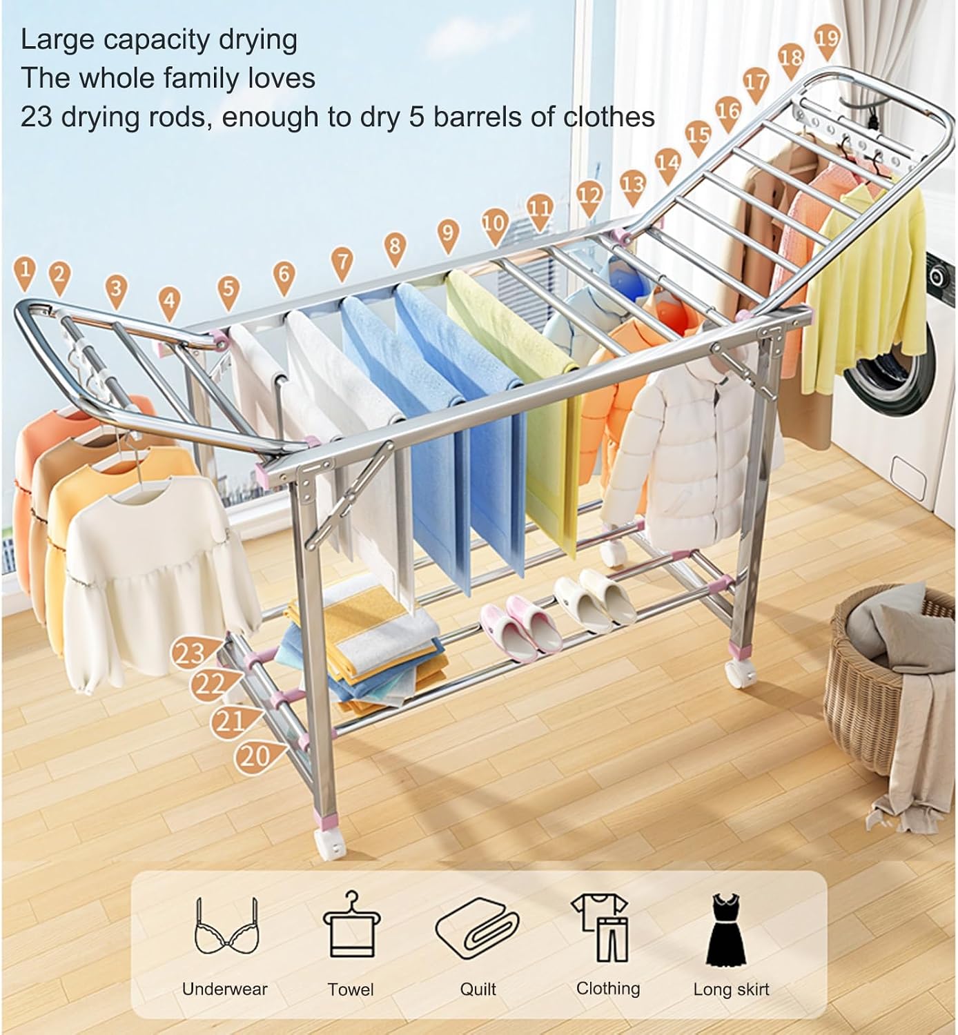 Laundry Drying Rack Collapsible,Cloths Drying Rack 2-Tier Four-Legged Clothing Rack,Portable Garment Rack with Moving Foot Wheel,Free-Standing Large Drying Rack with Height-Adjustable Wings