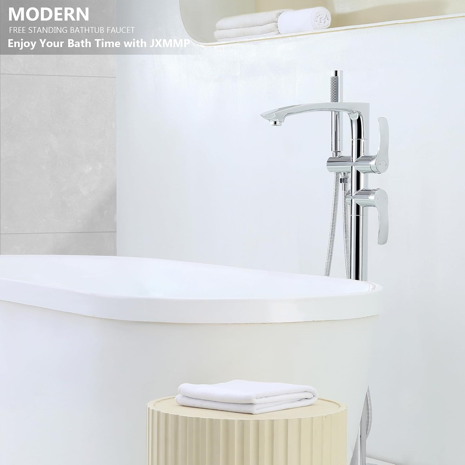 Free Standing Bathtub Faucets, Shiny Chrome Stainless Steel Floor Mount Tub Filler with 360 Rotating Spout and Hand Shower, High Flow Silver Faucet for Bath Tub JXM-F001CP