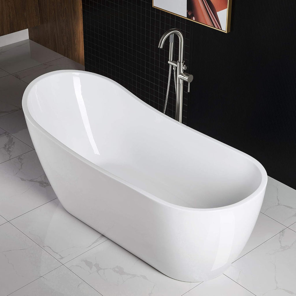 WOODBRIDGE 67' Acrylic Freestanding Bathtub Contemporary Soaking White Tub with Brushed Nickel Overflow and Drain，B-0001-BN