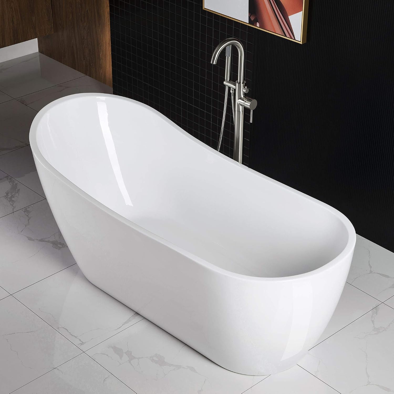 WOODBRIDGE 67' Acrylic Freestanding Bathtub Contemporary Soaking White Tub with Brushed Nickel Overflow and Drain，B-0001-BN
