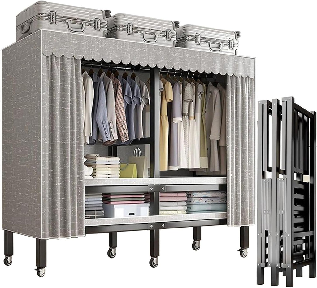 Heavy Duty Portable Wardrobe Closet With Cover and Wheels Collapsible Clothes Rack With Hang Rods & Shelves Large Rolling Garment Rack for Hanging Clothes Coat Storage Organizer(Size:125*52*180cm)