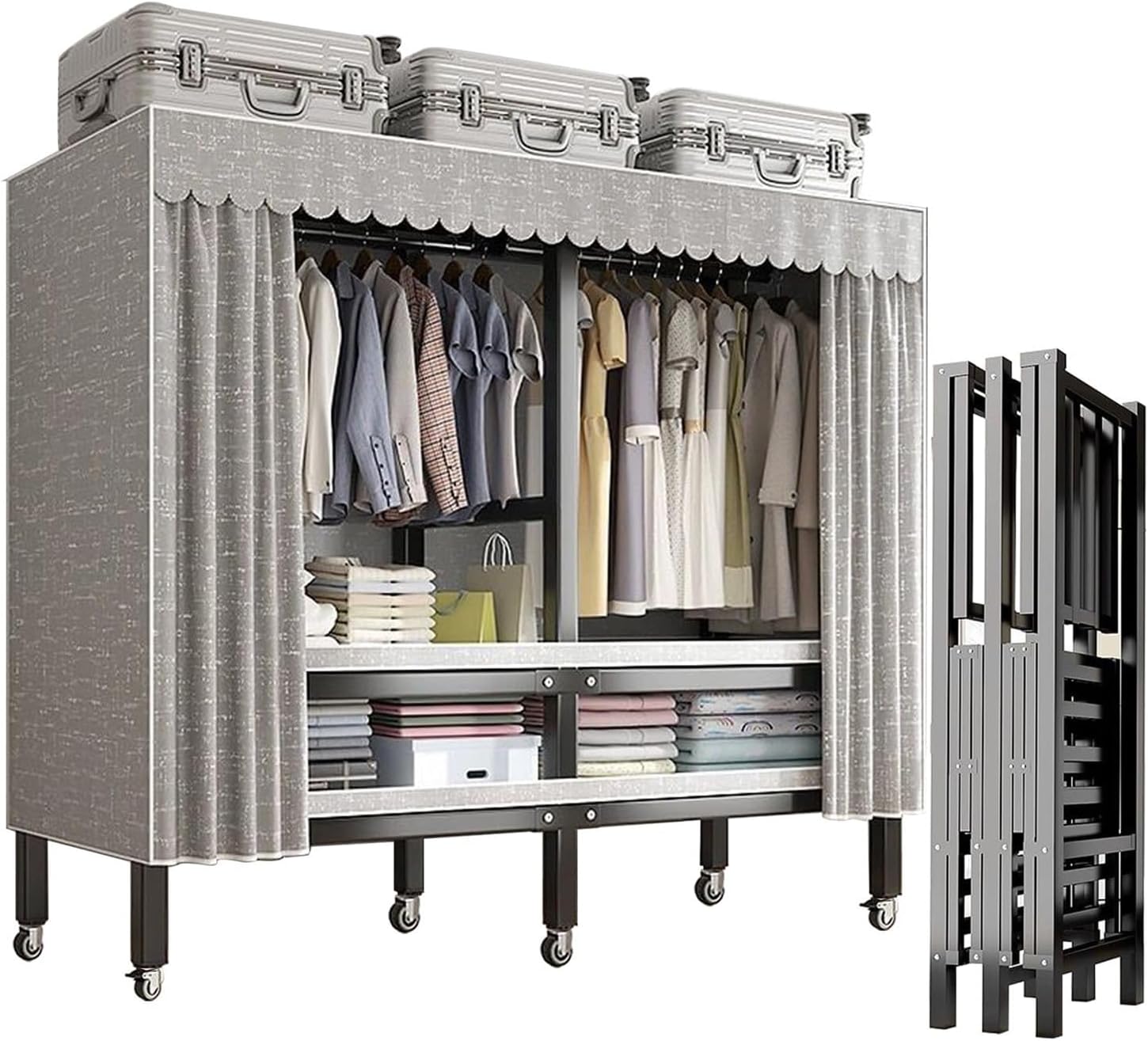 Heavy Duty Portable Wardrobe Closet With Cover and Wheels Collapsible Clothes Rack With Hang Rods & Shelves Large Rolling Garment Rack for Hanging Clothes Coat Storage Organizer(Size:150cm/59in)