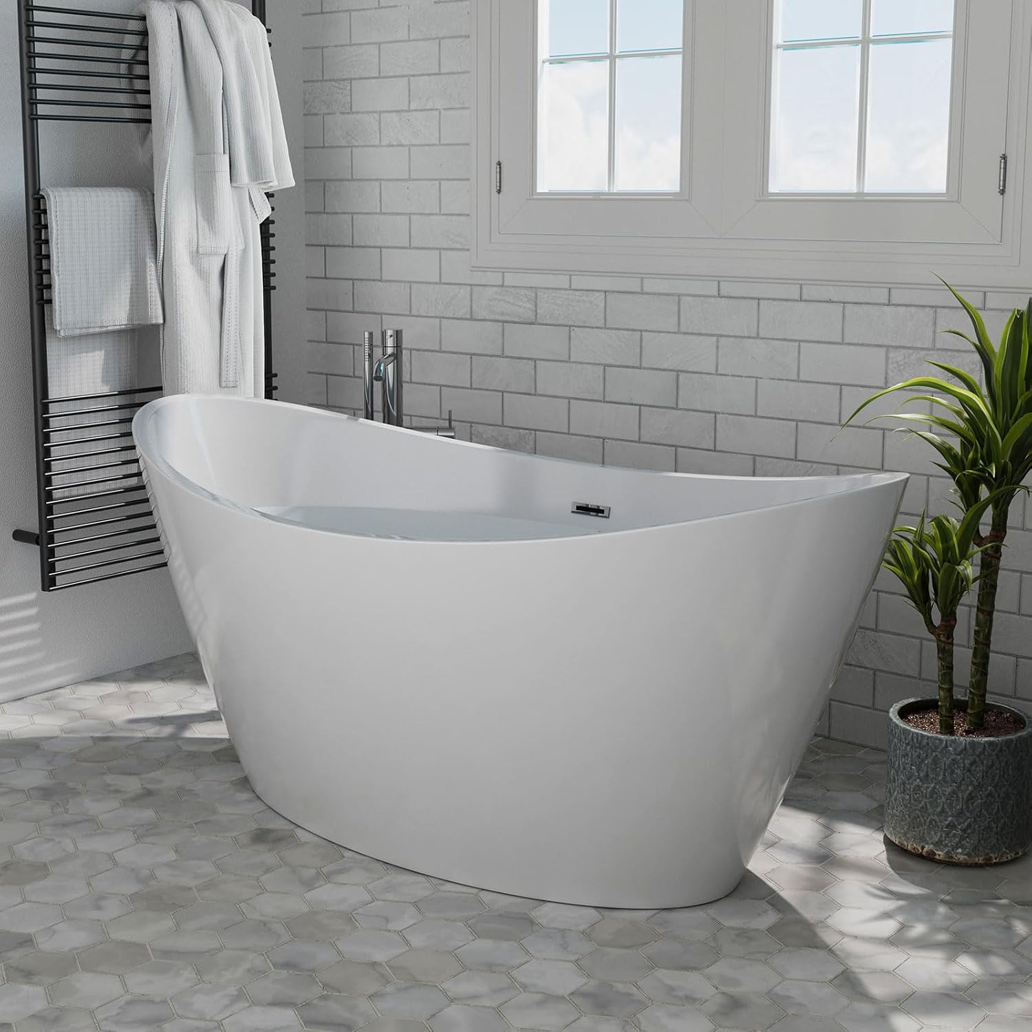 Empava Freestanding Bathtub,59 in Soaking Tub,Luxury Acrylic Stand Alone Tub Included Overflow and Drain for Bathroom, Glossy White,cUPC Certified