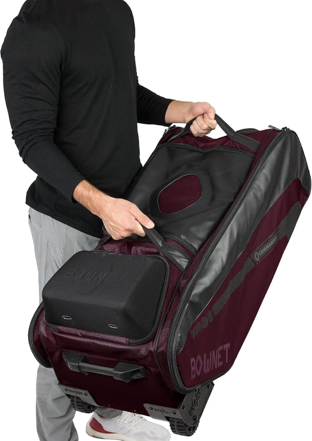 Bownet Commander Rolling Catcher's Gear Bag with Wheels – Baseball & Softball Equipment Bag for Travel Ball, Youth & Adult, 14 Pockets, Molded Helmet Case, Airline Approved