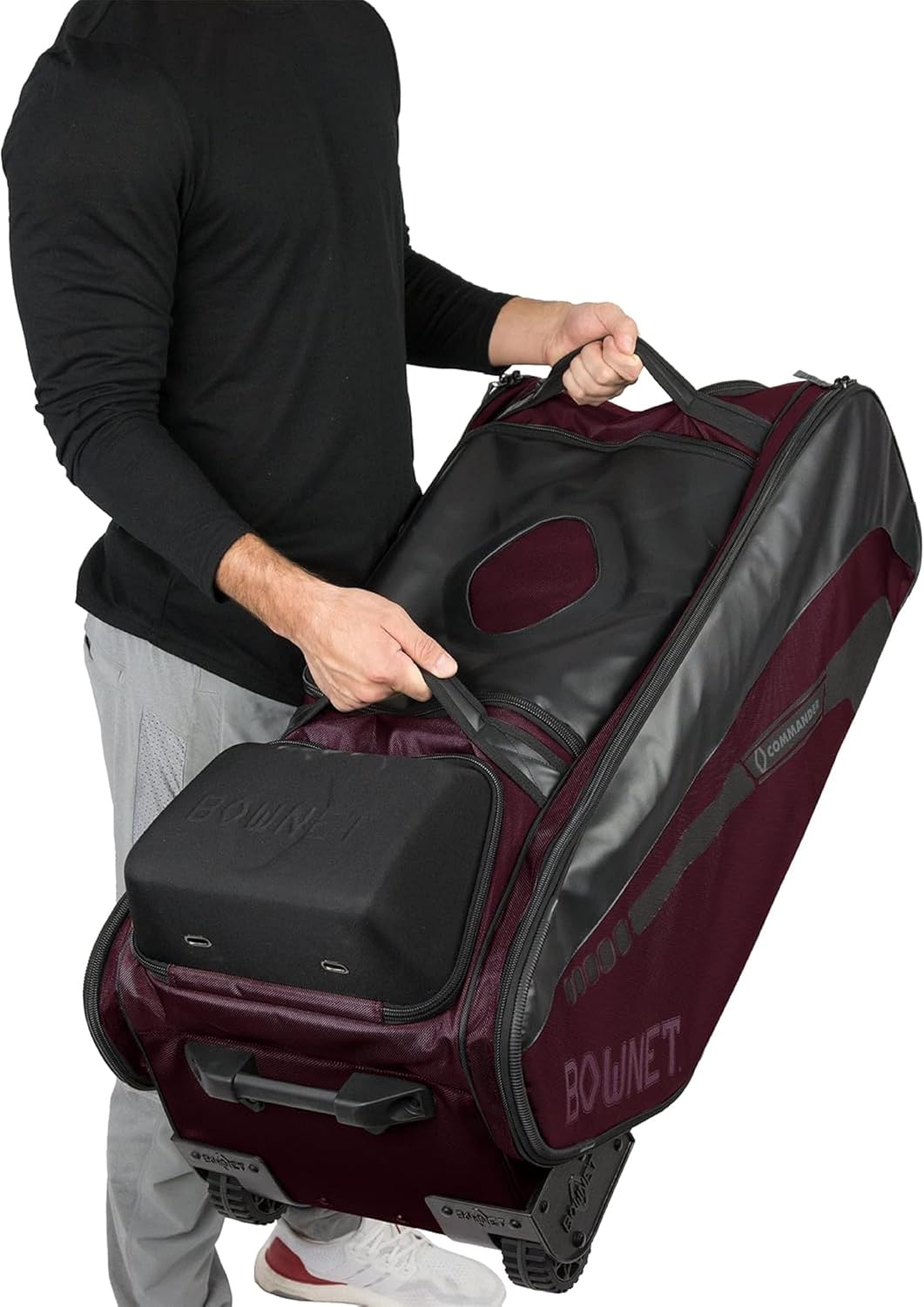 Bownet Commander Rolling Catcher's Gear Bag with Wheels – Baseball & Softball Equipment Bag for Travel Ball, Youth & Adult, 14 Pockets, Molded Helmet Case, Airline Approved