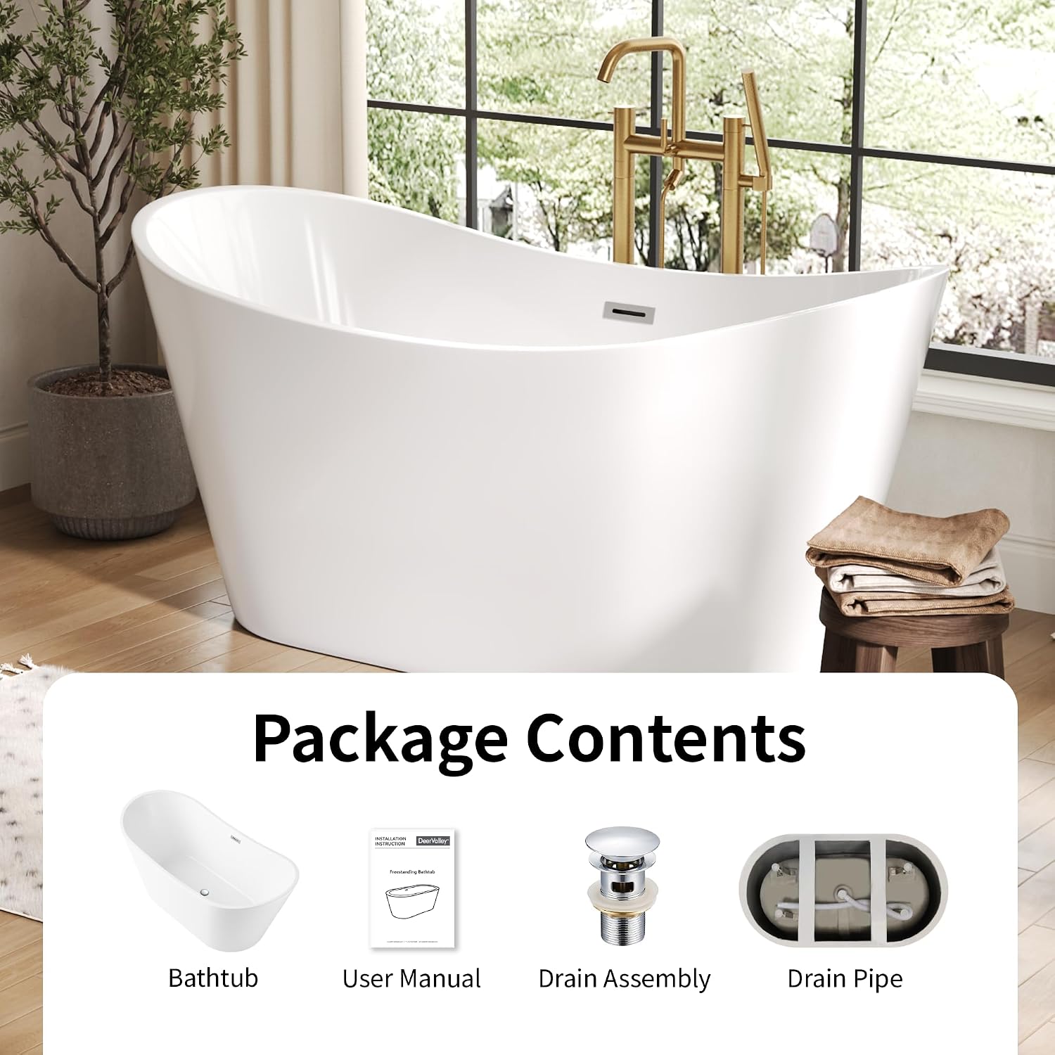 DeerValley 59' Free Standing Bathtub, Acrylic Soaking Tub with Center Drain & Integrated Overflow, Modern Standalone Shower Tub White, Deep Soaker, Ergonomic Design, DV-1T151S