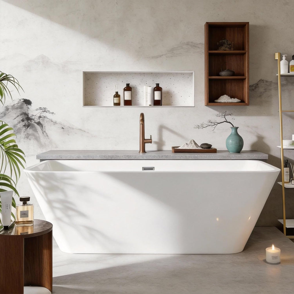 59' Acrylic Freestanding Bathtub with Chrome Drain Kit, Contemporary Square Soaking Tub with Overflow and Flexible PVC Drain Pipe, Double-Walled Insulation, cUPC Certified, Glossy White Finish