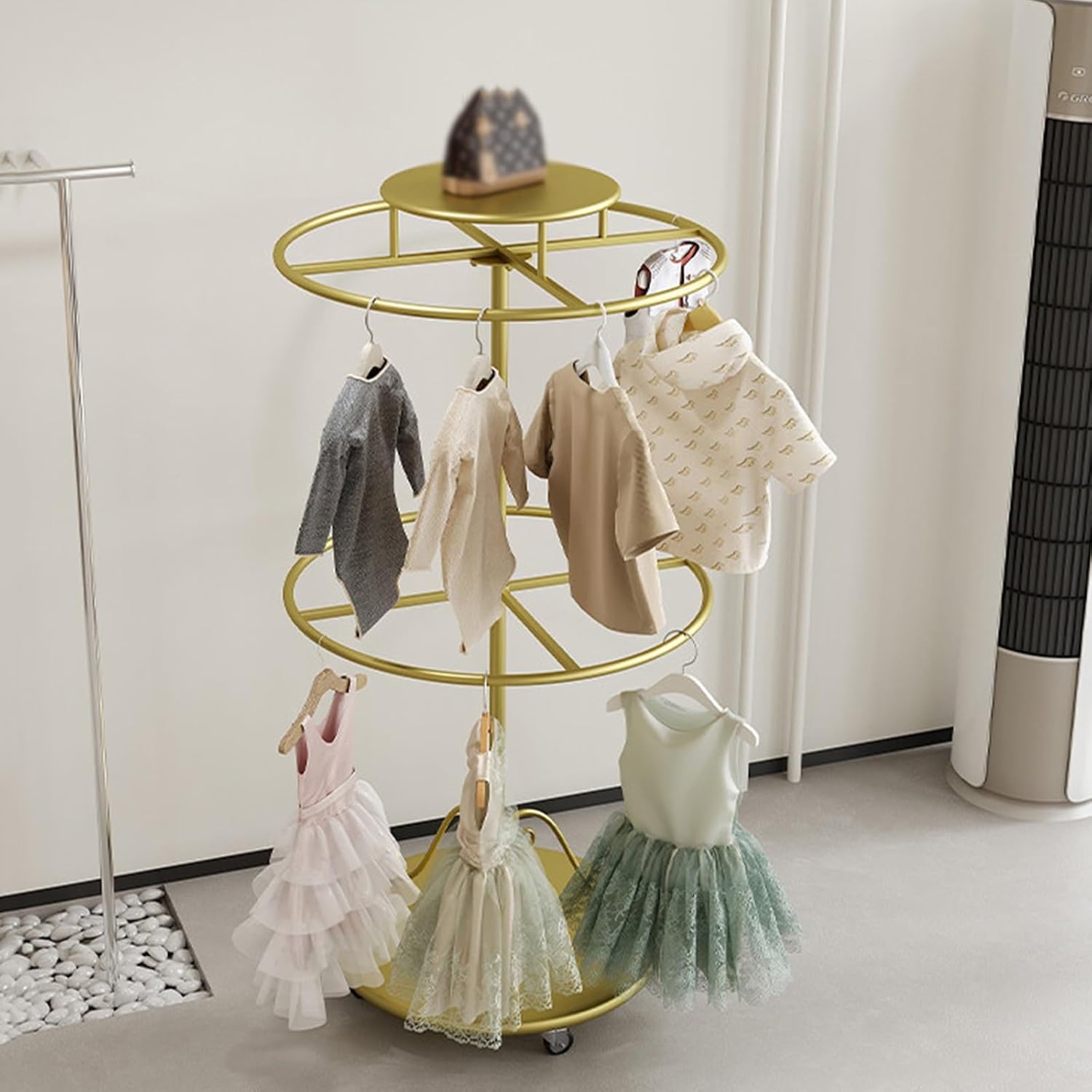 Gold Garment Rack with Casters, 360° Rotating Kids Clothing Display Rack with Top Shelf, Multi-Tier Metal Organizer for Children Clothes, Retail Boutique & Home Closet Storage