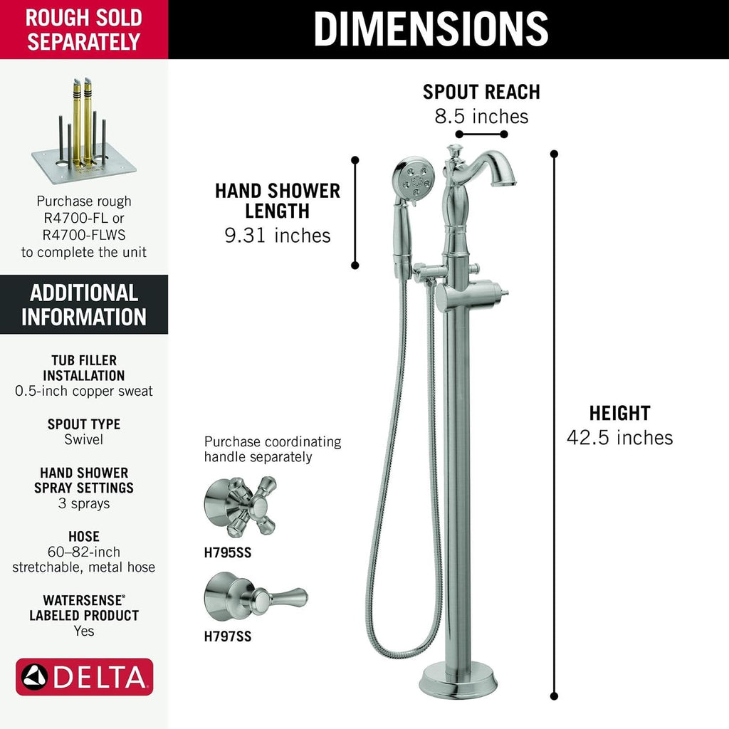 Delta Faucet Cassidy Floor Mount Tub Filler - Freestanding Roman Tub Spout with Handheld Shower - Double Check Valves - Stainless, T4797-SSFL-LHP (Rough & Handles Sold Separately)
