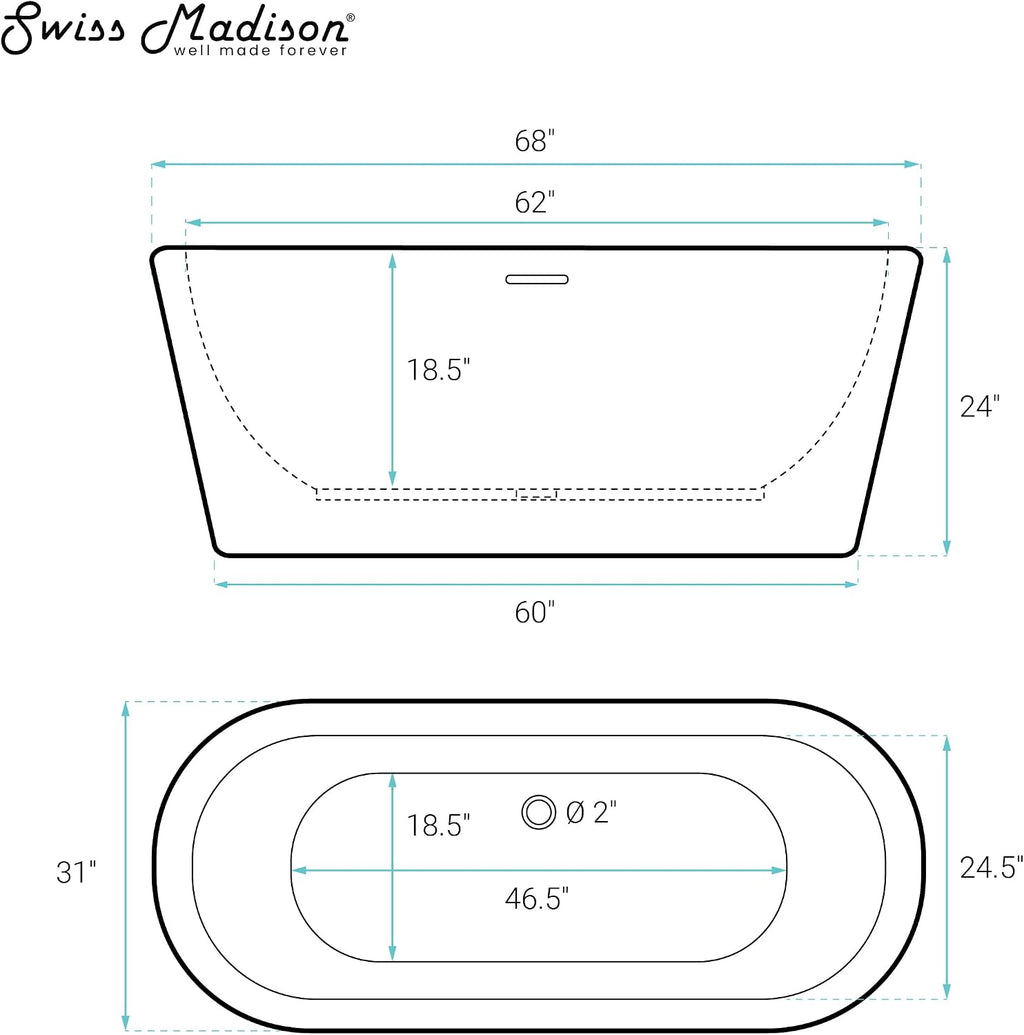 Swiss Madison Nanterre 68' Soaking Freestanding Bathtub in Glossy White, Drain Included