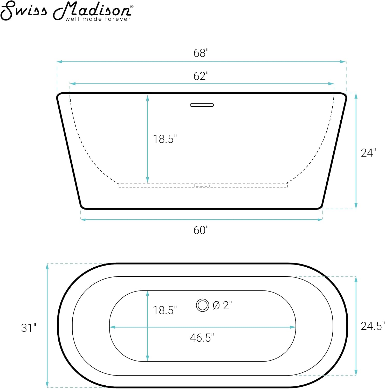 Swiss Madison Nanterre 68' Soaking Freestanding Bathtub in Glossy White, Drain Included