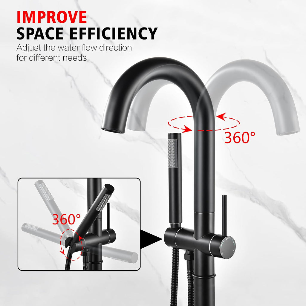 sumerain Matte Black Free Standing Tub Faucet with Handheld, High Flow Rate Bathroom Floor Mount Bathtub Faucet with Swivel Spout